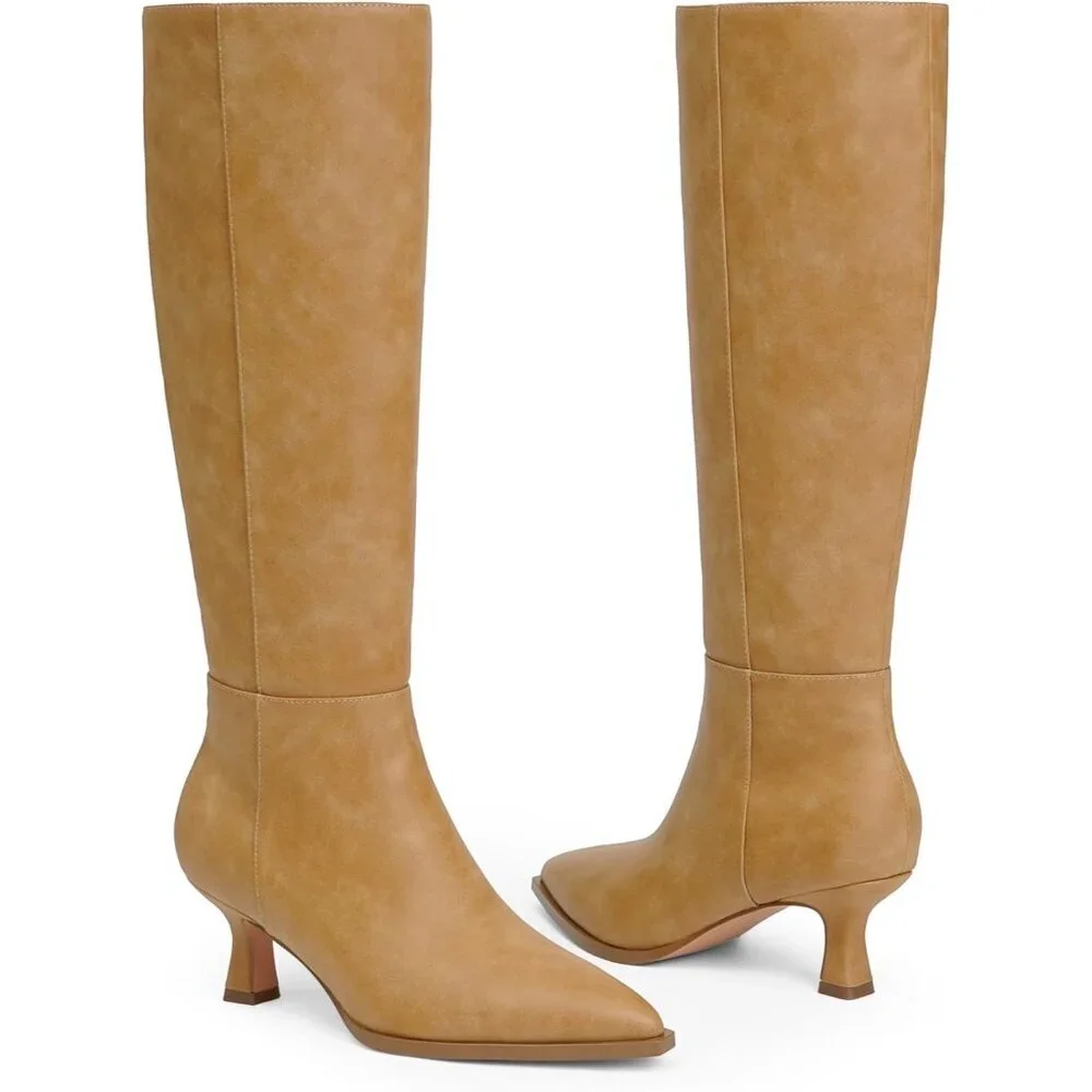Women's Banana Pu Kitten Low Heel Toe Side Zipper Long Tall Knee High Boots
